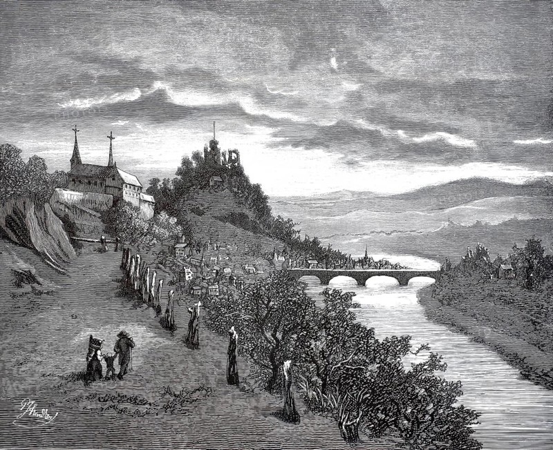 View of Saarburg an der Saar from 1877. The silhouette of the historic Saarburg Castle rises on the hill, illustration, reproduction from a model from the 19th century. Authentic, file restored for optimal use, exact date of submission unknown, historical