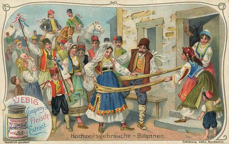 Picture series wedding customs, traditional Bulgarian wedding customs and showing the bridal couple in colorful national costumes, Bulgaria, picture of love, digitally restored reproduction of a collector's painting from around 1900, exact date unknown