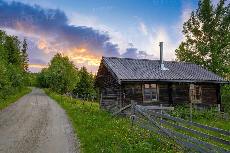 View of a roadside mountain hut at sunset, Gol, Halligdal, Buskerud, Norway