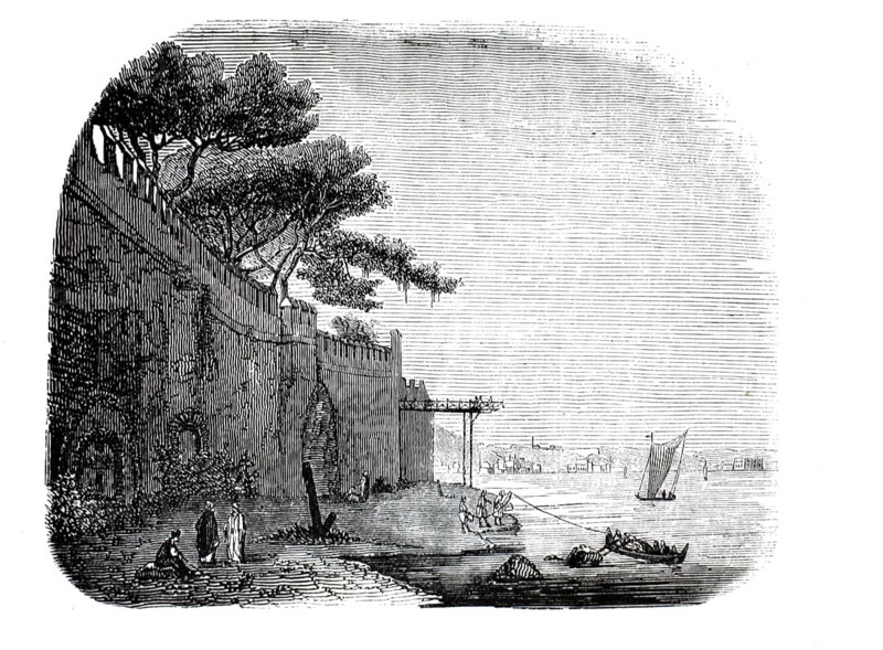 Illustration from 1849 shows the historic walls of the Topkapi Palace in Istanbul on the banks of the Bosphorus or the Golden Horn Constantinople, Turkey, illustration, reproduction from a model from the 19th century. Authentic, file restored for optimal use, exact date of submission unknown, historical