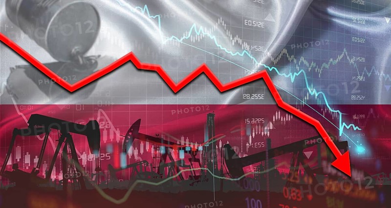 Fall oil price with Polish flag on economic chart. Petrol crisis with Poland flag on financial graph