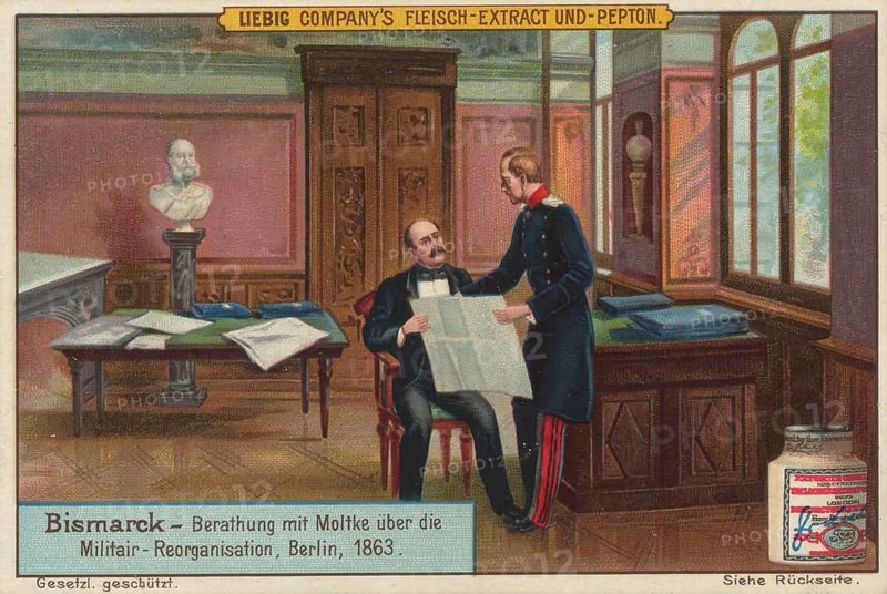 Series of pictures from the life of Otto von Bismarck, Otto von Bismarck and Helmuth von Moltke discussing military reorganization in 1863, favorite painting, digitally restored reproduction of a collector's painting from around 1900, exact date unknown