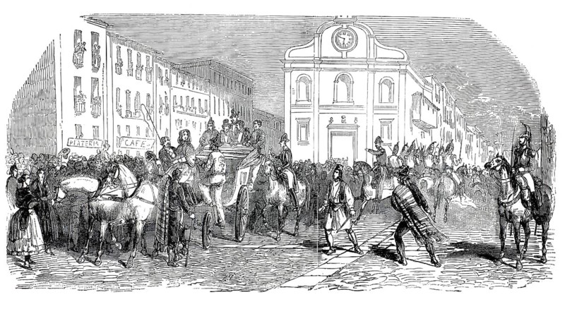 Illustration shows a demonstration or rally that reportedly took place in 1845 at the Puerta del Sol in Madrid, rally for Queen Isabella II, illustration, reproduction from a 19th-century model. Authentic, file restored for optimal use, exact date of submission unknown, historical