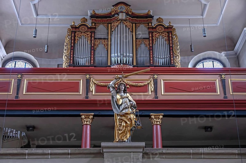 Sculpture of Justice in front of the organ gallery, St. Michael Collegiate Church, Neunkirchen am Brand, Upper Franconia, Bavaria, Germany