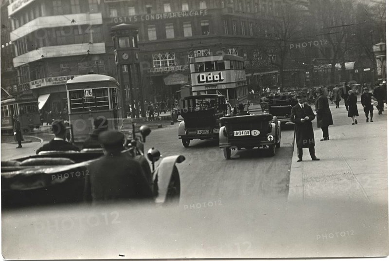 Berlin, Mitte, Potsdamer Platz, traffic column, odol advertisement, taxi, summer, twenties, Café Josty, traffic classic car, traffic scene with cars and streetcars on a busy city street, Sasha Stone, around 1928