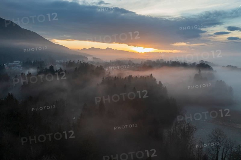 Sunset, with fog, Bad Heilbrunn, Upper Bavaria, Bavaria, Germany