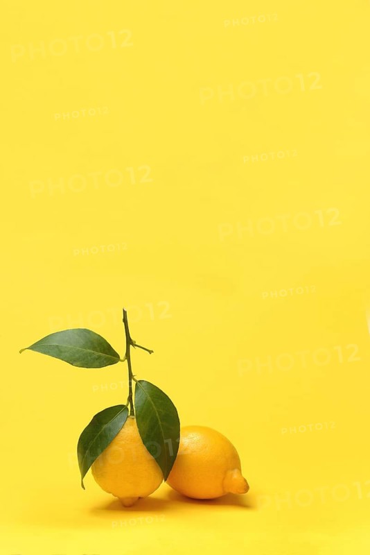 Lemons with leaves against yellow background