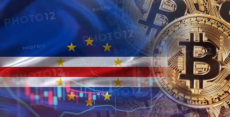 Bitcoin cryptocurrency with Cape Verde flag, Investors in Blockchain Technology. Cape Verdean flag with Bitcoin in the background