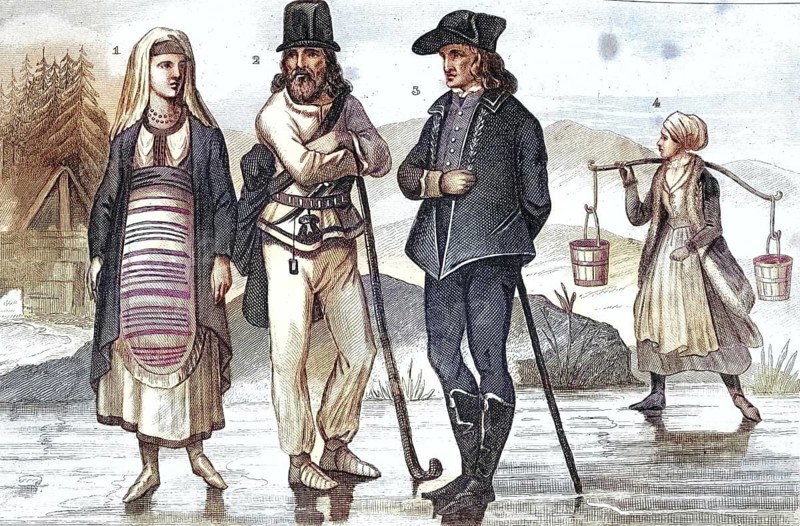 Traditional clothing styles and culture from the 19th century. Woman from Croatia (1), Farmer from Sibiu, Transylvania (2), Townsman from Moravia (3, 4), illustration, reproduction of a 19th-century original. Authentic, file restored for optimal use, exact date of the original unknown, historical, nostalgically coloured