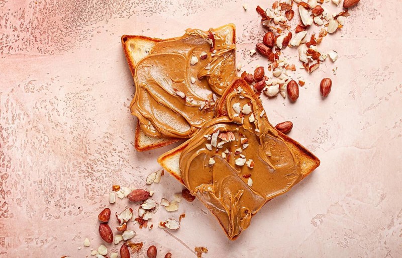Peanut butter toast, top view, breakfast, no people
