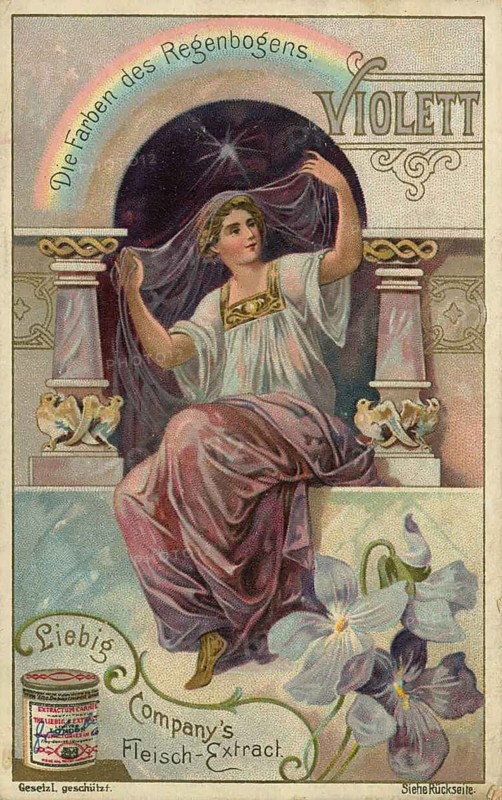 Picture series The colors of the rainbow, violet, personified by a woman in classic garb, framed by a rainbow and violet, lovely picture, digitally restored reproduction of a collector's painting from around 1900, exact date unknown