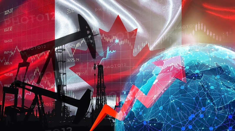 Global oil growth with Canadian flag. International oil exports with Canada flag on economic chart