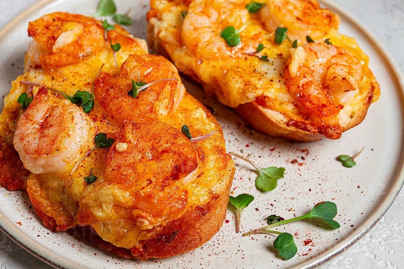 Sandwiches with shrimp and cheese, baked in the oven, with microgreens, breakfast, homemade, no people