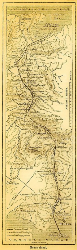 The Panama Canal, city and state of Panama, Central America, Central America, shipping, connection between Atlantic and Pacific, abbreviation, important shipping route, free passage, economy, income, disagreement, dispute, built by the USA, scale in kilometers, map, topography, geography, historical illustration 1885