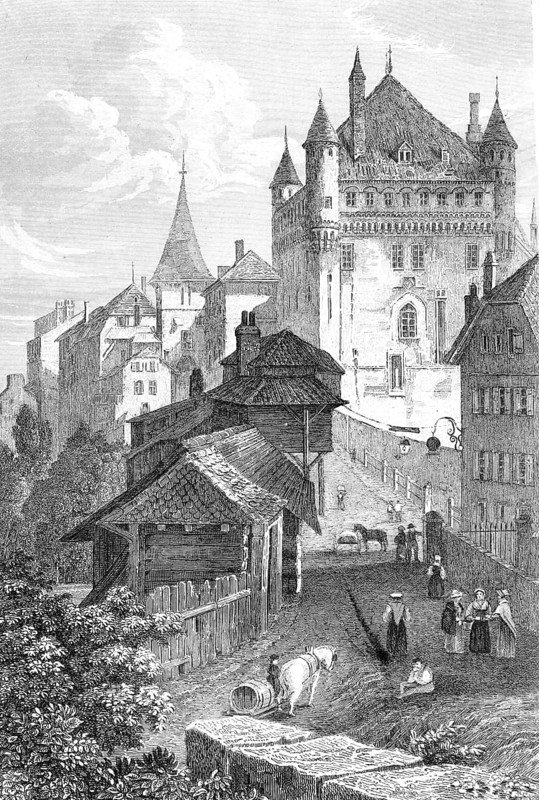 Chateau Fort de Lausanne around 1880, Switzerland, illustration, reproduction from a 19th century model. Authentic, file restored for optimal use, exact date of submission unknown, historical