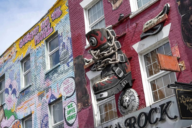 London, United Kingdom. April 17th 2026. Colourful street art and decoration along Camden High Street, a popular shopping street near Camden Market with alternative shops selling fashion, music venues and body art studios for tattoos and piercing. London, UK