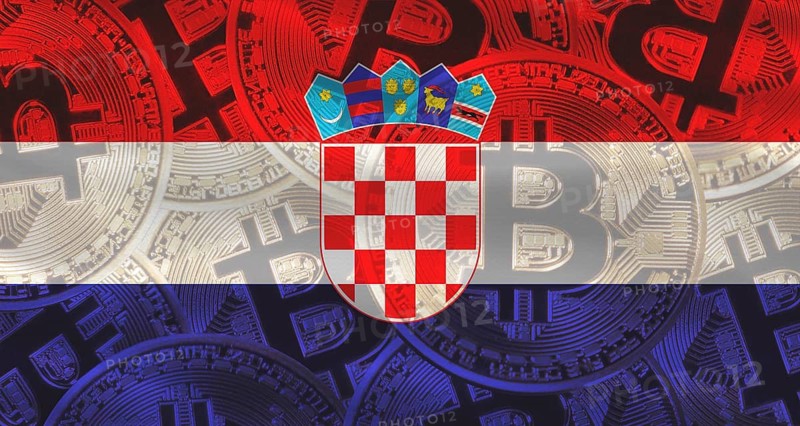 Croatian flag with Bitcoins in the background. Investors in cryptocurrency and Blockchain Technology in Croatia