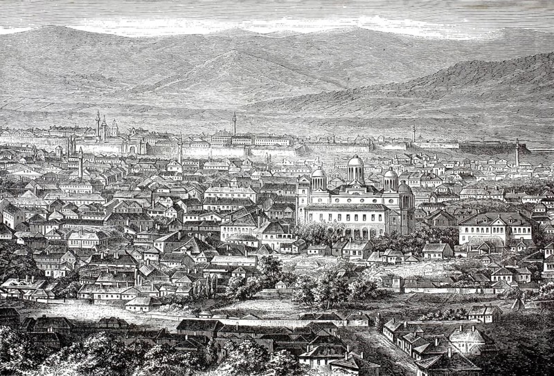 Panoramic view of the Serbian city of Nis, Nitsch, in the 19th century, in the middle Cathedral of the Holy Trinity, Saborna Crkva, in the background are parts of the historic fortress, 1874, Serbia, illustration, reproduction from a model from the 19th century. Authentic, file restored for optimal use, exact date of submission unknown, historical