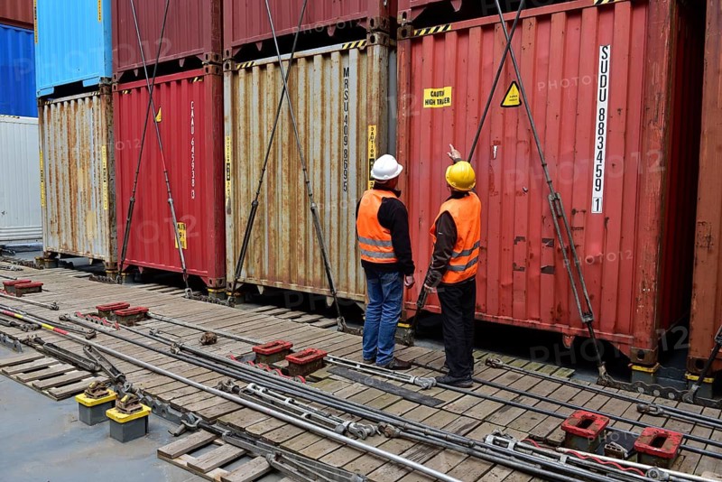 Worker on a container ship, barrier bars on the container, Baltic Sea, Germany