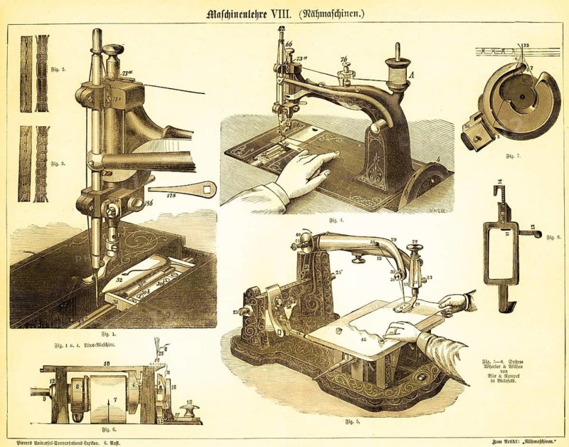 Sewing machines and how they work, machine theory, Löwe machine (1-4) Wheeler and Wilson system (5-8) Baer and Hempel Bielefeld, hook system, hook shaft, driver, ring gripper machine, needle, thread mechanical production, fabric, fabric slider, detail, sketches, clothing, textiles, processing, hand, technology, labelling, historical illustration 1885