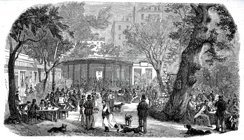 White Horse Pavilion. Scene in the Jardin des Plantes in Paris from 186. In the center of the painting are iron pavilions typical of public gardens of the time, France, reproduced from a 19th-century model. Authentic, file restored for optimal use, exact date of submission unknown