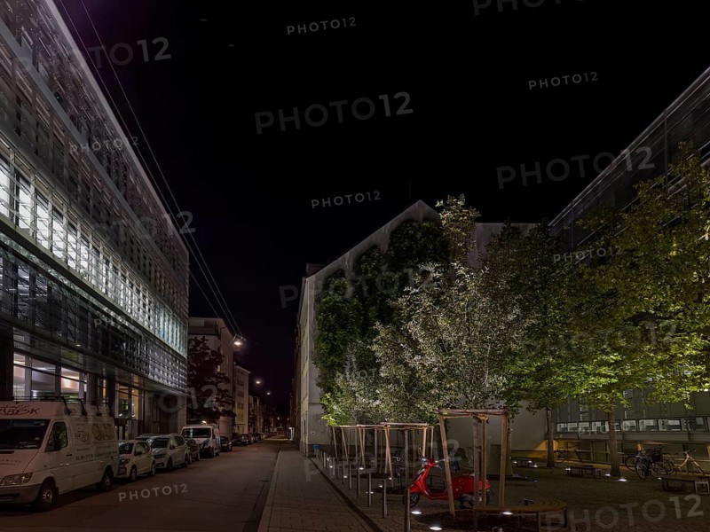 Street view with house facades at night, Kaulbachstraße, Munich, Bavaria, Germany