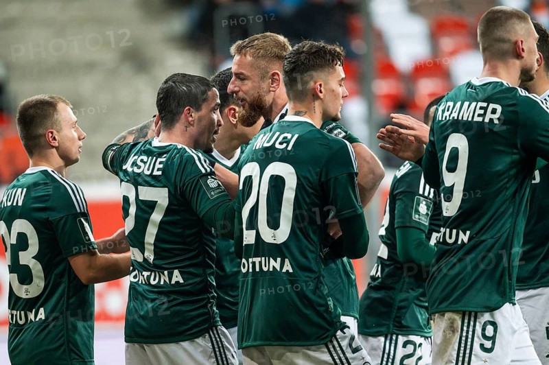 LUBIN, POLAND - DECEMBER 3, 2023: Football match Polish PKO Ekstraklasa between KGHM Zaglebie Lubin vs Legia Warszawa 0:3. Team of Legia after scoring goal