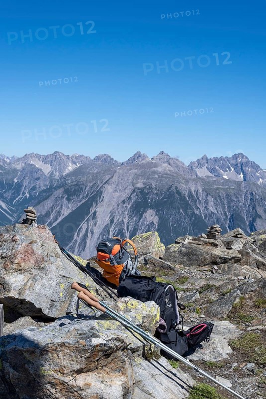 Hiking poles, backpacks, summits of the Alps, Vent, Tyrol, Austria