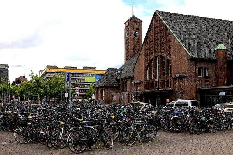 Lots of bikes in the bicycle parking lot in front of Oldenburg Central Station, Lower Saxony, Germany