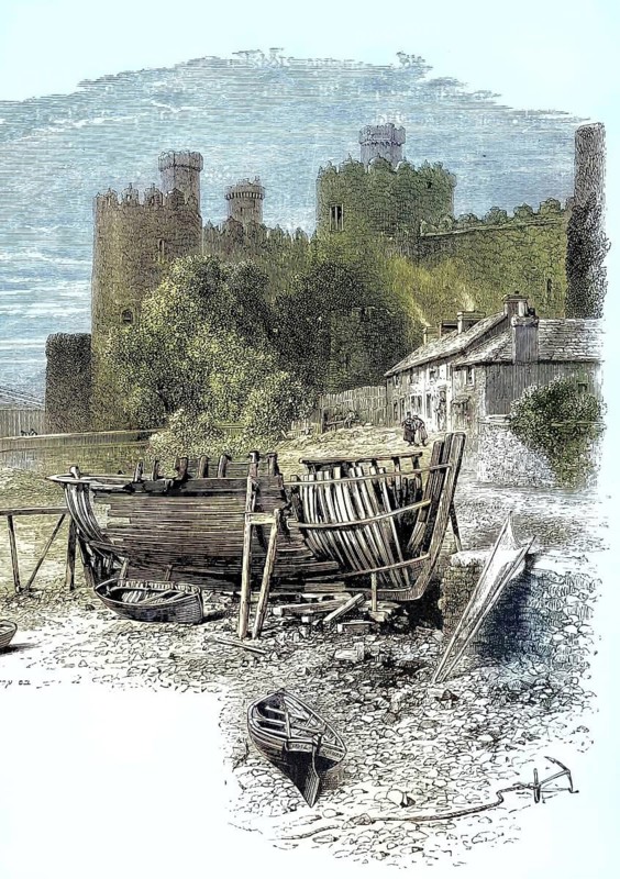 Conwy Castle, Conway, ruins of a medieval castle built between 1283 and 1287 in County Gwynedd on the banks of the Conwy estuary, in the Welsh town of Conwy, Wales, illustration, reproduction from a 19th-century model. Authentic, file restored for optimal use, exact date of original unknown, historical, nostalgically colored