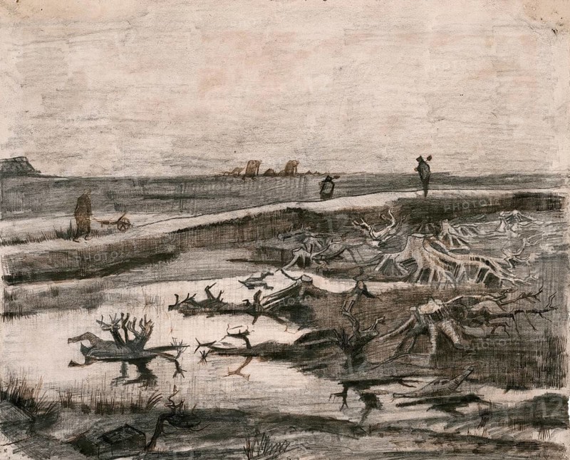 Landscape with Bog Trunks (Travaux aux Champs) (1883), Landscape with Bog Trees (1883), Painting by Vincent Willem van Gogh (born 30 March 1853 in Groot-Zundert, died 29 July 1890 in Auvers-sur-Oise), Dutch painter and draughtsman, one of the founders of modern painting, Illustration, Reproduction from a painting. Authentic, exact date of original unknown, Historical, Barren landscape with river and uprooted tree stumps, melancholic mood