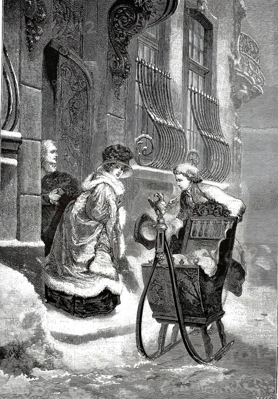 Typical image of the winter transport of the upper classes in the Victorian era, sled. In the foreground is an intricately decorated, elegant sliding sled. It has artfully curved runners, a soft fur lining for thermal insulation and is decorated with a small decorative sculpture on the handle. A well-dressed lady in a heavy winter coat with fur trim and matching muff steps out of a house entrance. A young man holds the sled ready and opens the cover cover, illustration, reproduction of a model from the 19th century. Authentic, file restored for optimal use, exact date of submission unknown, historical