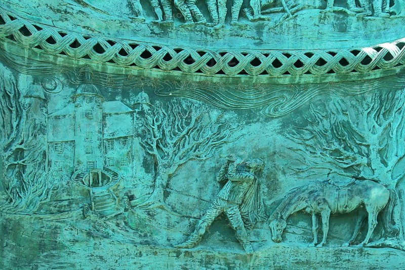 Relief trumpeter from Säckingen on the historical stele, landmark, city history, Rudolf-Eberle-Platz, Bad Säckingen, Southern Black Forest, Black Forest, Baden-Württemberg, Germany