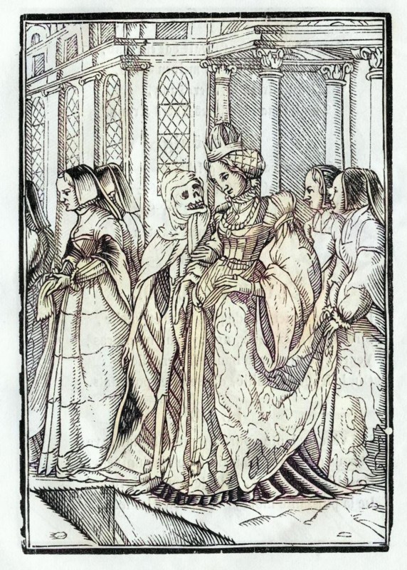 Der Tod kommt für die Kaiserin nach Hans Holbein d. J. Aus Der Todten Tanz, erschienen in Basel 1843, Death comes for the Empress after Hans Holbein the Younger From Der Todten Tanz or The Dance of Death published Basel 1843, Historisch, digital restaurierte Reproduktion von einer Vorlage aus dem 19. century, Record date not stated