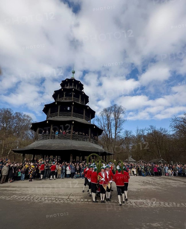 Schaeffler dance in 2026 in the English Garden, behind the Chinese Tower. The event takes place every 7 years between Epiphany and Shrove Tuesday, Munich, Bavaria, Germany