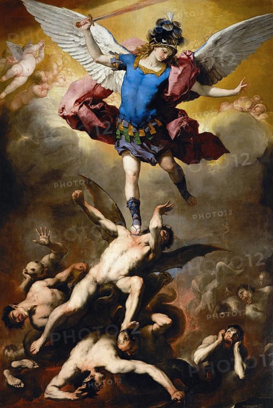 Luca Giordano (born 18 October 1634, died 3 January 1705), called Fa Presto, Italian painter and etcher of the Baroque period, The Fall of the Rebel Angels (1660-1665), Painting, Reproduction of the painting in its original state, Work of art, Historical, An angel with a sword defeats demonic figures in a Baroque depiction