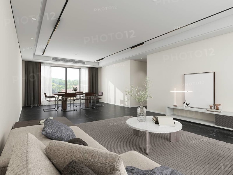 Modern living room with a minimalist design, featuring beige furnishings, a large window with sheer curtains, and elegant decor elements, creating a spacious ambiance