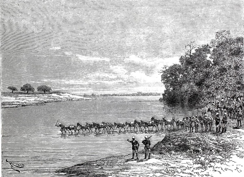 Crossing the Base or Basing River, Exploring expedition of General Joseph Gallieni (1849-1916) in Africa in the late 19th century, Illustration, Reproduction from a 19th century original. Authentic, file restored for optimal use, exact date of original unknown, Historical, Scene at the river with mules and people in a natural environment