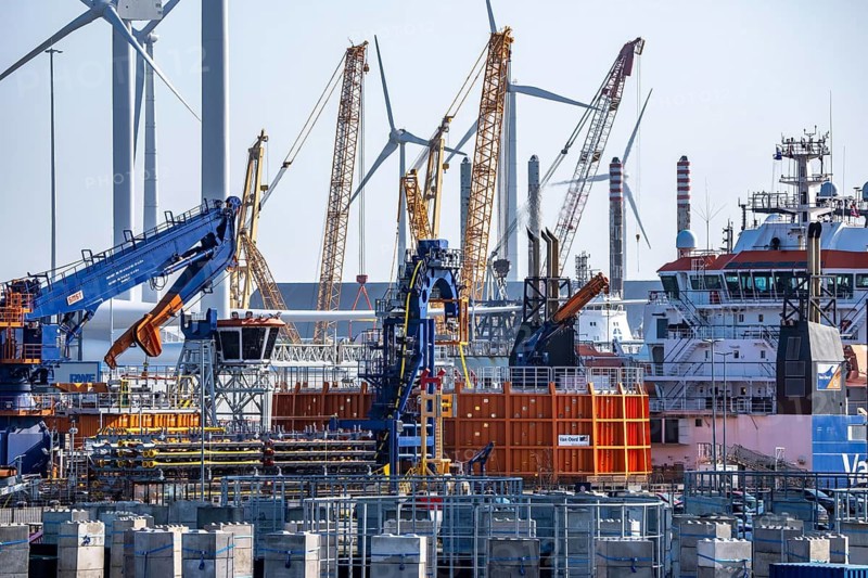 The seaport of Eemshaven, Julianahaven Basin, is where the components, rotors, tower components, technical gondolas, for offshore wind farms, which are then assembled into actual wind turbines, the components are transported to the wind farms in the North Sea with large working vessels and assembled there, Eemshaven, the Netherlands