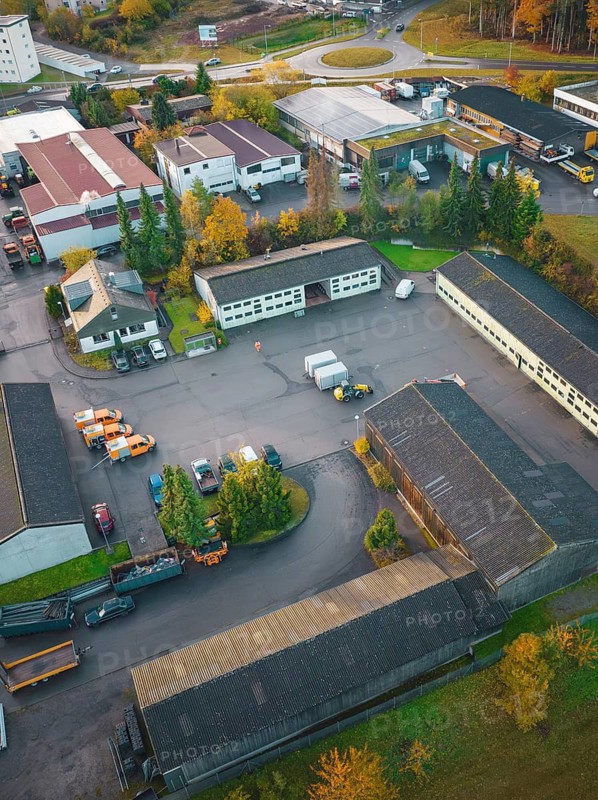 Aerial view of road maintenance depot in autumn, Calw, Black Forest, Germany