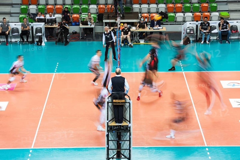 LUBIN, POLAND - DECEMBER 9, 2020: Men's Volleyball Polish PlusLiga match Cuprum Lubin VS Asseco Resovia Rzeszow 3:1. Aerial view at the court with blurred players