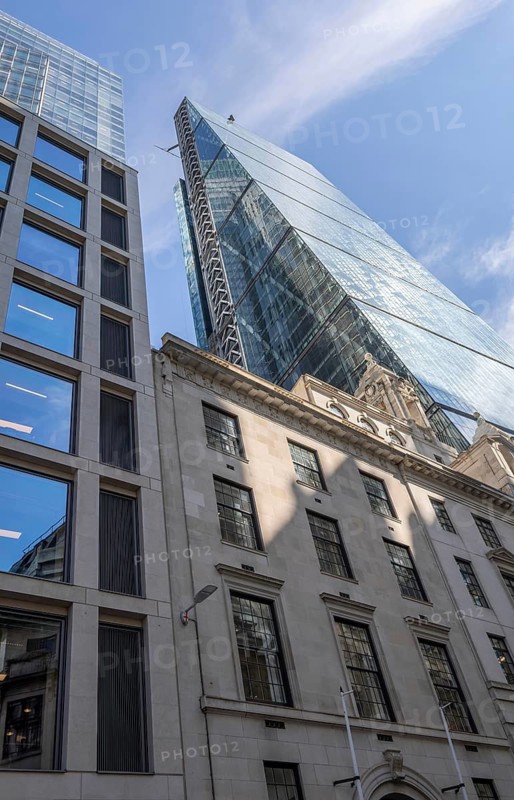 Sloping glass facade of The Leadenhall Building, The Cheesegrater, Leadenhall Street, City of London, London, England, UK