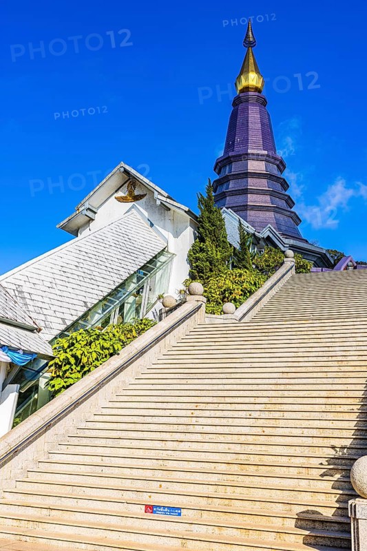 Steep stairs lead up to King's Pagoda, Doi Inthanon National Park, Chiang Mai Province, Thailand