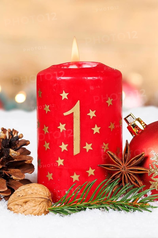 First 1st Advent with candle Christmas decoration Christmas card for Christmas time with copy space Copyspace in Stuttgart, Germany
