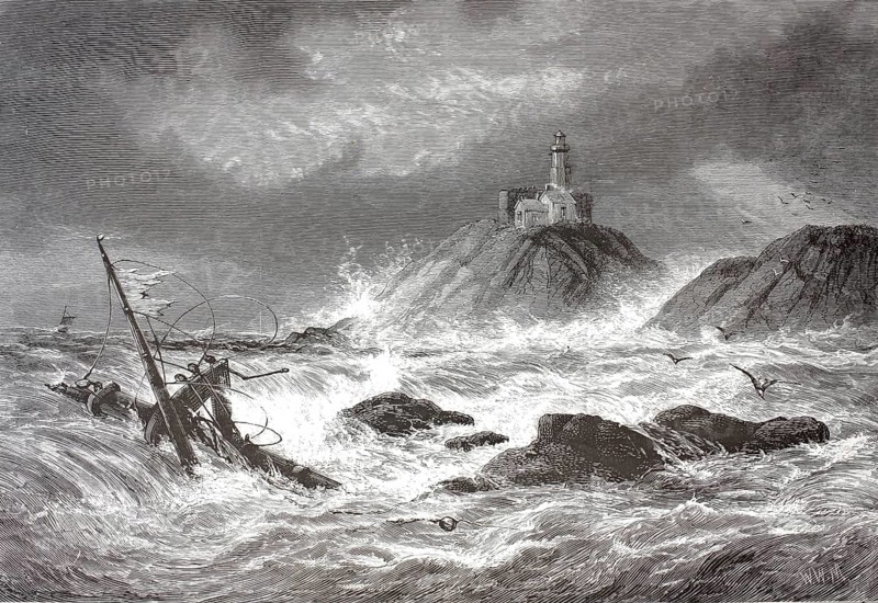 Mumbles Lighthouse, completed in 1794, is a lighthouse in Mumbles, near Swansea, Wales, illustration, reproduction from a 19th-century model. Authentic, file restored for optimal use, exact date of submission unknown, historical