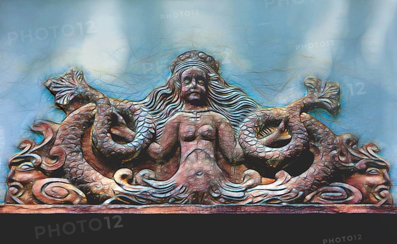 Mythological Mermaid Creature, wall decoration, Welf Castle of Herzberg, Herzberg am Harz, district of Göttingen, Lower Saxony, Germany, digitally edited