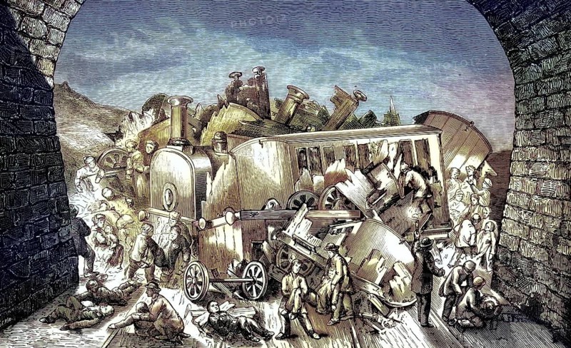 December 17, 1876, railway disaster at the entrance of the Saint-Innocent Tunnel, Tunnel de Grésine, France. The famous luxury train Malle des Indes, India mail train, which came from Paris, collided with a passenger train from Aix-les-Bains, illustration, reproduction from a 19th-century model. Authentic, file restored for optimal use, exact date of original unknown, historical, nostalgically colored