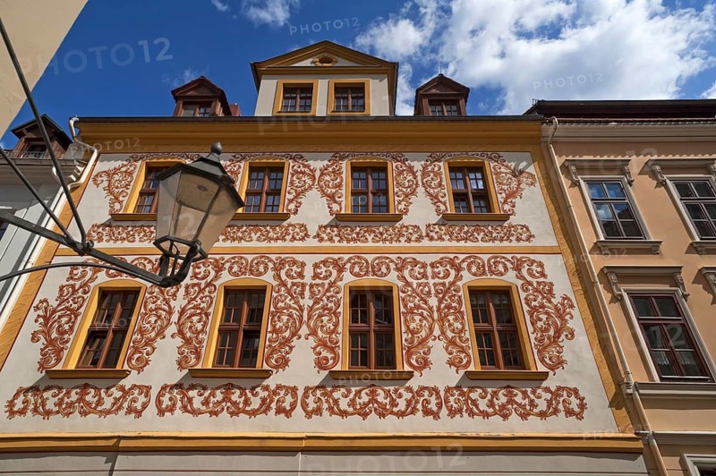 Decorative baroque house with painted acanbthus leaves, only uncovered in 1953, Neißstraße 20, Görlitz, Upper Lusatia, Saxony, Germany