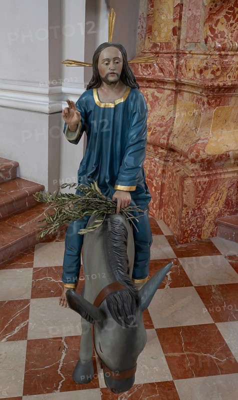 New copy of the Palmesel, formerly 16th century, in St Nicholas Church, Tannheim, district of Reutte in Tyrol, Austria