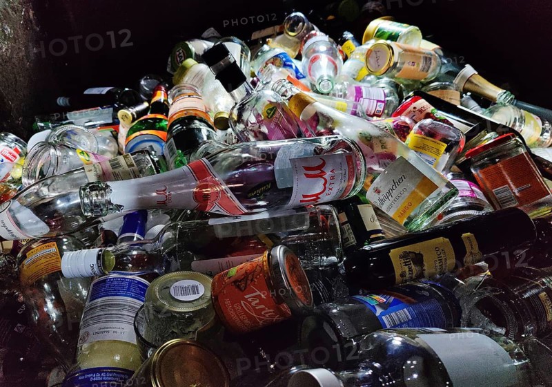View of a full old glass container with clear glass, recycling, regenerative waste recovery, Witten, Ruhr region, North Rhine-Westphalia, Germany